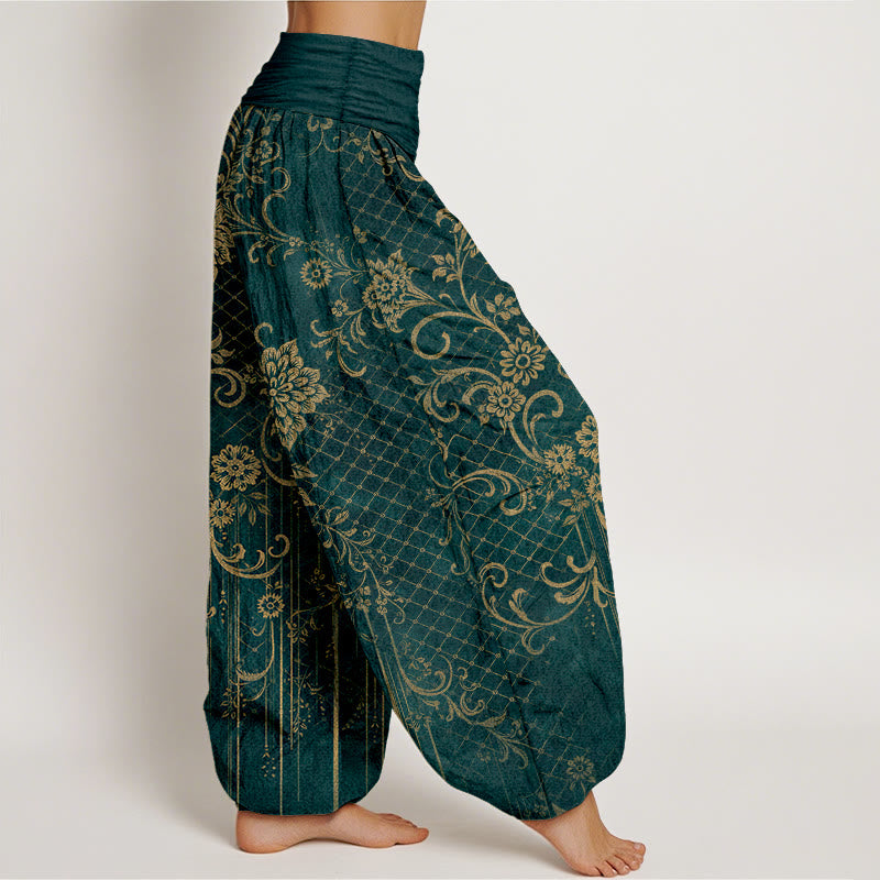Buddha Stones Pantaloni harem da donna in puro cotone con elastico in vita e motivo classico a fiori e foglie - image 2