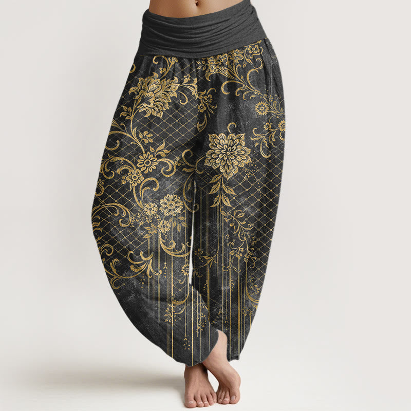 Buddha Stones Pantaloni harem da donna in puro cotone con elastico in vita e motivo classico a fiori e foglie - Grigio tenue - US16, UK/AU20, EU48 (3XL) - image 5