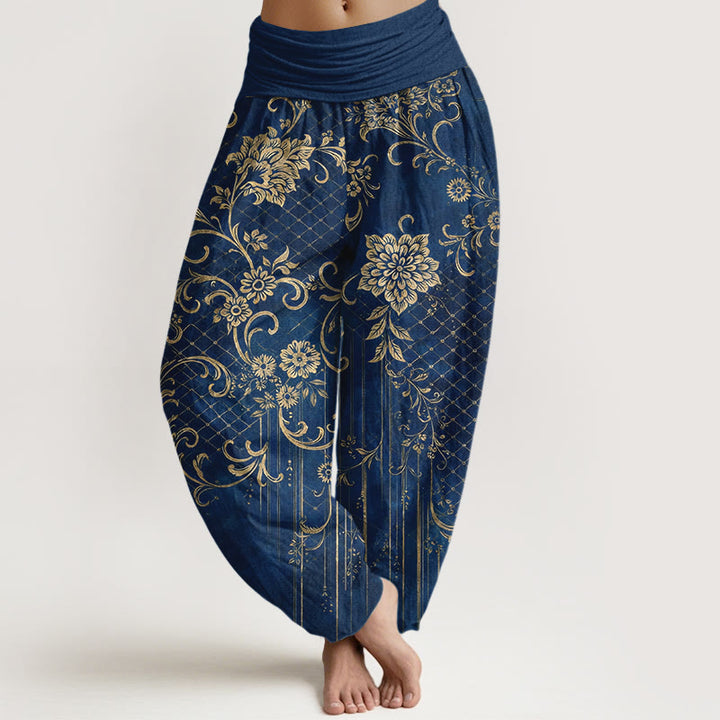 Buddha Stones Pantaloni harem da donna in puro cotone con elastico in vita e motivo classico a fiori e foglie - Blu scuro - US16, UK/AU20, EU48 (3XL) - image 8