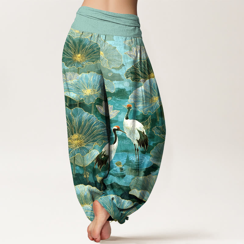 Buddha Stones Pantaloni harem da donna in puro cotone con elegante motivo a foglie di loto e gru, con elastico in vita. - image 1