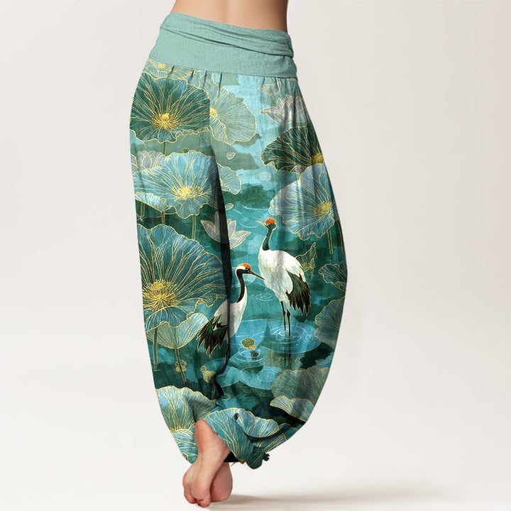 Buddha Stones Pantaloni harem da donna in puro cotone con elegante motivo a foglie di loto e gru, con elastico in vita. - image 1