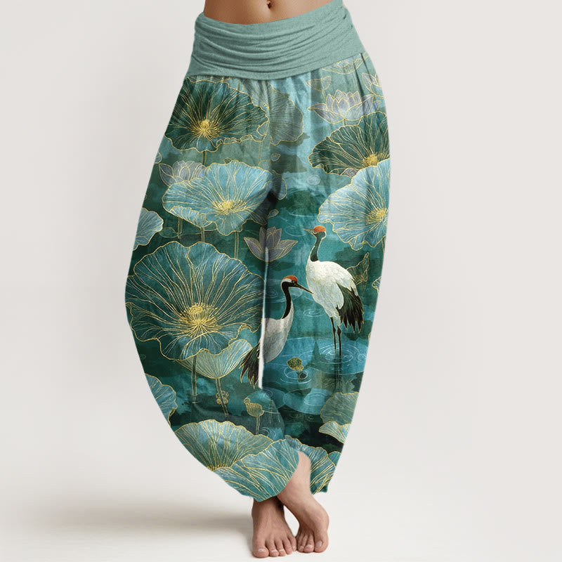 Buddha Stones Pantaloni harem da donna in puro cotone con elegante motivo a foglie di loto e gru, con elastico in vita. - Acquamarina media - US16, UK/AU20, EU48 (3XL) - image 0