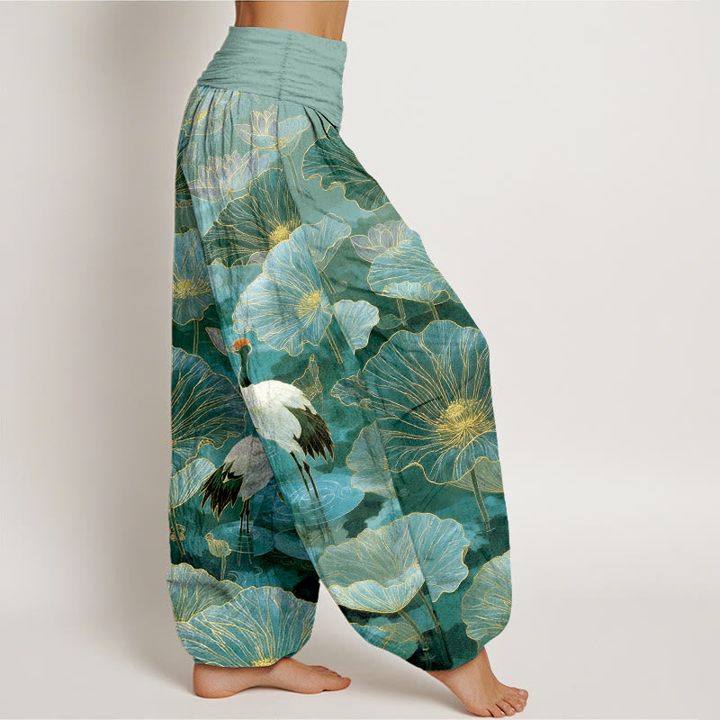 Buddha Stones Pantaloni harem da donna in puro cotone con elegante motivo a foglie di loto e gru, con elastico in vita. - image 2