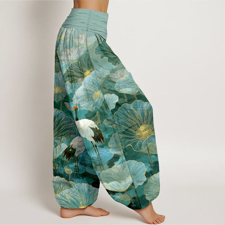 Buddha Stones Pantaloni harem da donna in puro cotone con elegante motivo a foglie di loto e gru, con elastico in vita. - image 2
