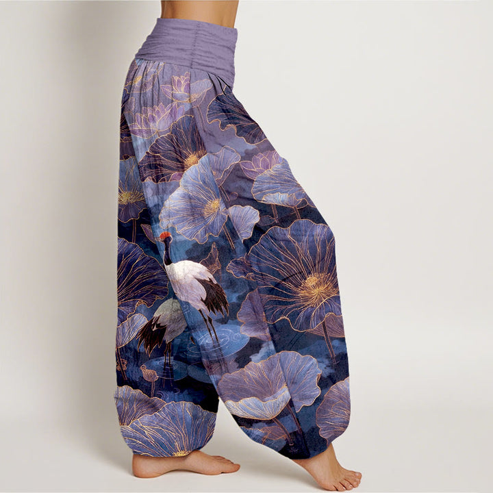 Buddha Stones Pantaloni harem da donna in puro cotone con elegante motivo a foglie di loto e gru, con elastico in vita. - image 7