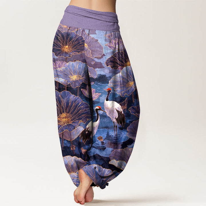 Buddha Stones Pantaloni harem da donna in puro cotone con elegante motivo a foglie di loto e gru, con elastico in vita. - image 6
