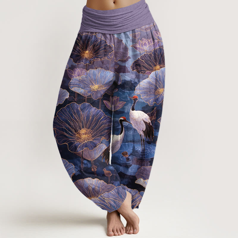 Buddha Stones Pantaloni harem da donna in puro cotone con elegante motivo a foglie di loto e gru, con elastico in vita. - Viola medio - US16, UK/AU20, EU48 (3XL) - image 5
