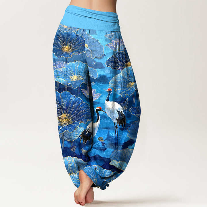 Buddha Stones Pantaloni harem da donna in puro cotone con elegante motivo a foglie di loto e gru, con elastico in vita. - image 9