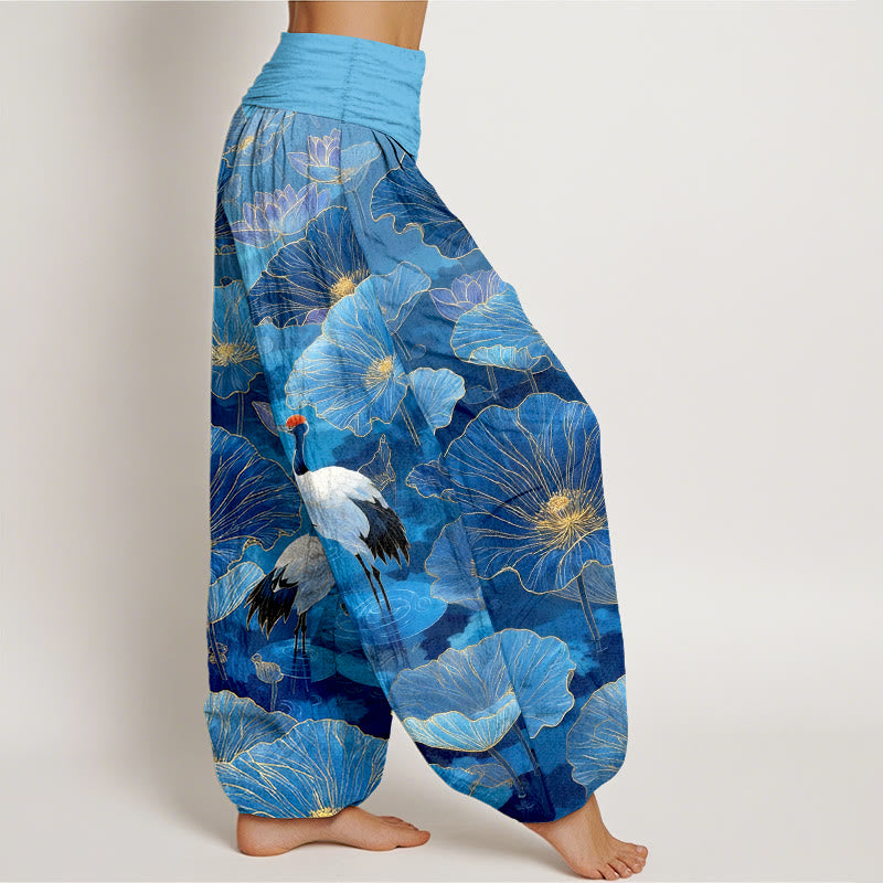 Buddha Stones Pantaloni harem da donna in puro cotone con elegante motivo a foglie di loto e gru, con elastico in vita. - image 10