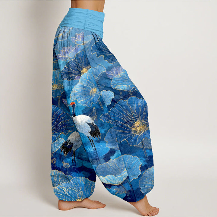 Buddha Stones Pantaloni harem da donna in puro cotone con elegante motivo a foglie di loto e gru, con elastico in vita. - image 10