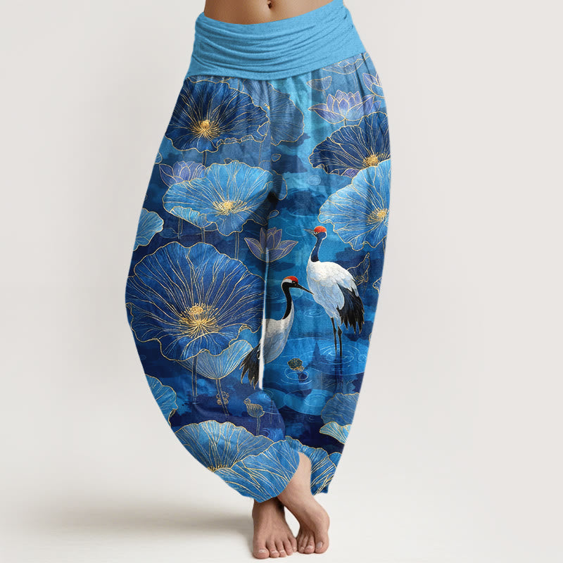 Buddha Stones Pantaloni harem da donna in puro cotone con elegante motivo a foglie di loto e gru, con elastico in vita. - Blu cielo profondo - US16, UK/AU20, EU48 (3XL) - image 8