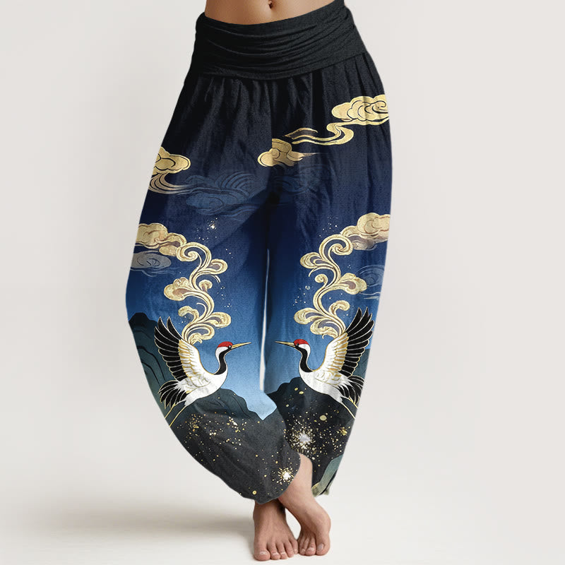 Buddha Stones Pantaloni harem da donna in puro cotone con motivo colorato di gru, nuvole e montagne, con elastico in vita. - Blu scuro - US16, UK/AU20, EU48 (3XL) - image 0