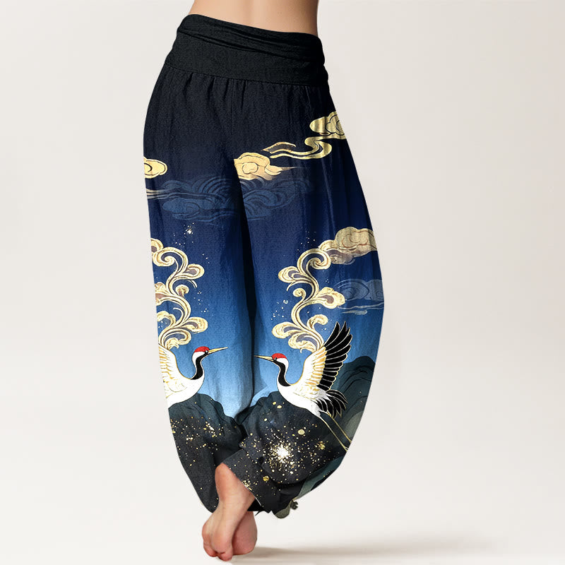 Buddha Stones Pantaloni harem da donna in puro cotone con motivo colorato di gru, nuvole e montagne, con elastico in vita. - image 1