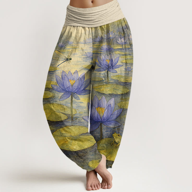 Buddha Stones Pantaloni harem da donna in puro cotone, freschi, eleganti, con motivo a fiori di loto, foglie, libellule e rane, con elastico in vita. - LemonChiffon - US16, UK/AU20, EU48 (3XL) - image 5