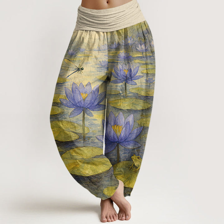Buddha Stones Pantaloni harem da donna in puro cotone, freschi, eleganti, con motivo a fiori di loto, foglie, libellule e rane, con elastico in vita. - LemonChiffon - US16, UK/AU20, EU48 (3XL) - image 5