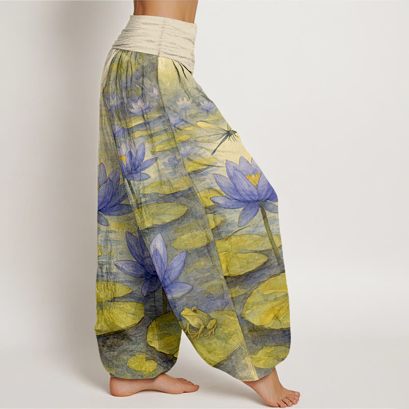 Buddha Stones Pantaloni harem da donna in puro cotone, freschi, eleganti, con motivo a fiori di loto, foglie, libellule e rane, con elastico in vita. - image 7