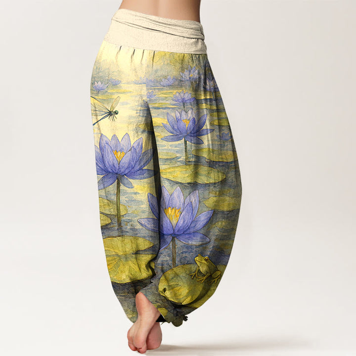 Buddha Stones Pantaloni harem da donna in puro cotone, freschi, eleganti, con motivo a fiori di loto, foglie, libellule e rane, con elastico in vita. - image 6