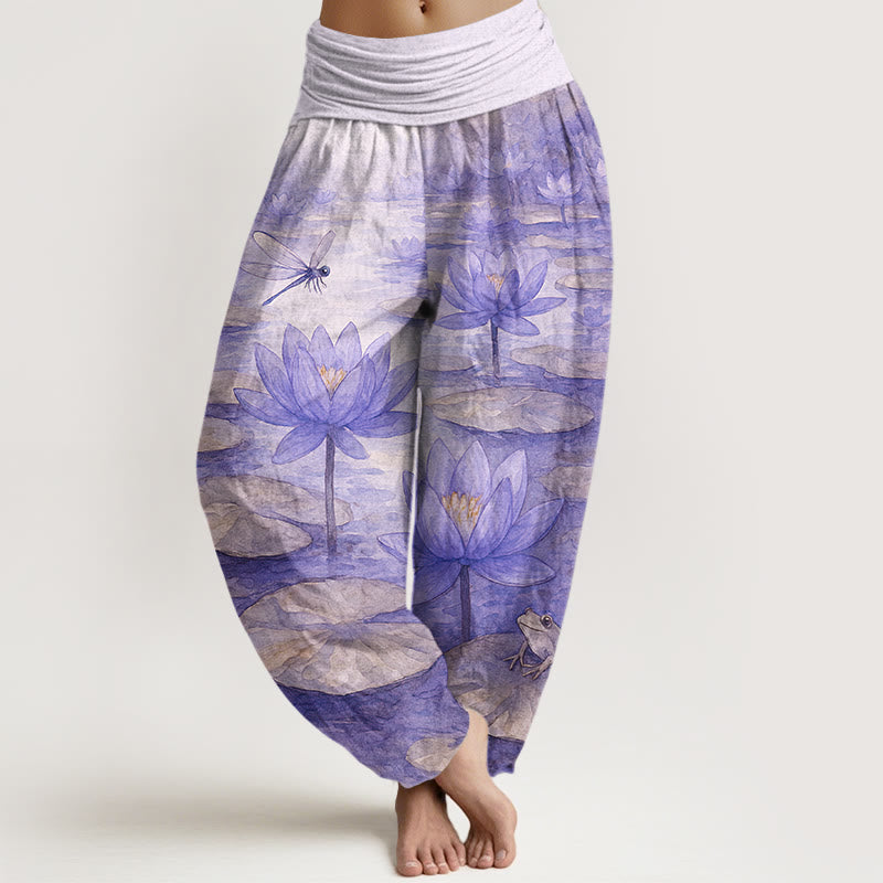 Buddha Stones Pantaloni harem da donna in puro cotone, freschi, eleganti, con motivo a fiori di loto, foglie, libellule e rane, con elastico in vita. - Lavanda - US16, UK/AU20, EU48 (3XL) - image 8
