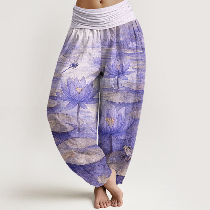 Buddha Stones Pantaloni harem da donna in puro cotone, freschi, eleganti, con motivo a fiori di loto, foglie, libellule e rane, con elastico in vita. - Lavanda - US16, UK/AU20, EU48 (3XL) - image 8