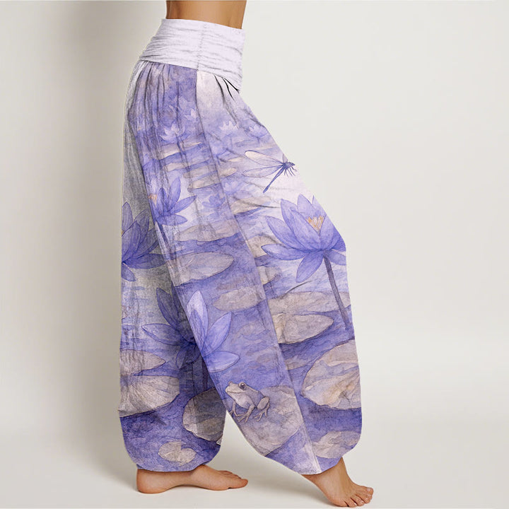 Buddha Stones Pantaloni harem da donna in puro cotone, freschi, eleganti, con motivo a fiori di loto, foglie, libellule e rane, con elastico in vita. - image 10