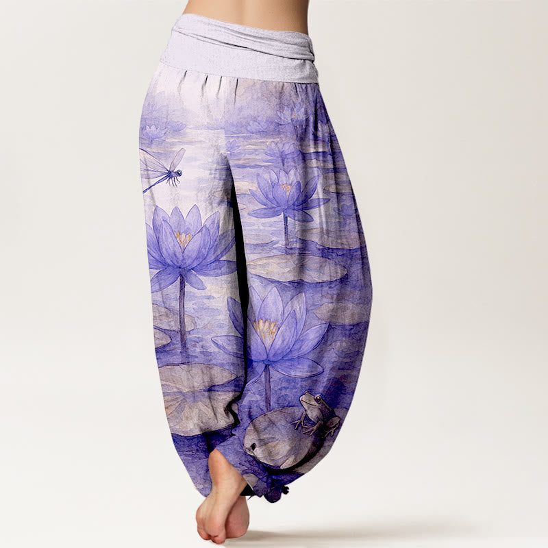 Buddha Stones Pantaloni harem da donna in puro cotone, freschi, eleganti, con motivo a fiori di loto, foglie, libellule e rane, con elastico in vita. - image 9