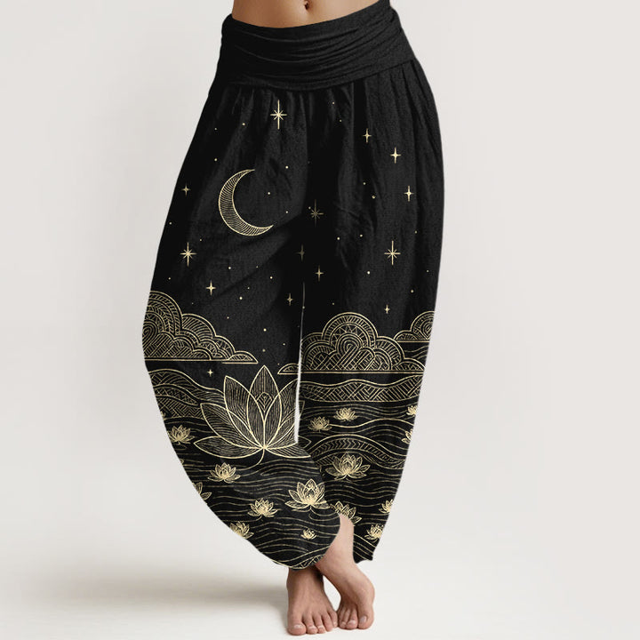 Buddha Stones Pantaloni harem da donna in puro cotone, eleganti, con motivo luna, stelle, nuvole, fiori di loto e onde d'acqua, con elastico in vita. - Nero - US16, UK/AU20, EU48 (3XL) - image 0