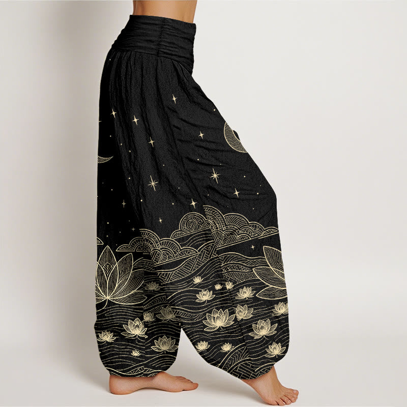 Buddha Stones Pantaloni harem da donna in puro cotone, eleganti, con motivo luna, stelle, nuvole, fiori di loto e onde d'acqua, con elastico in vita. - image 2