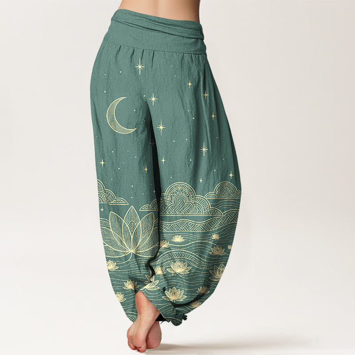 Buddha Stones Pantaloni harem da donna in puro cotone, eleganti, con motivo luna, stelle, nuvole, fiori di loto e onde d'acqua, con elastico in vita. - image 6