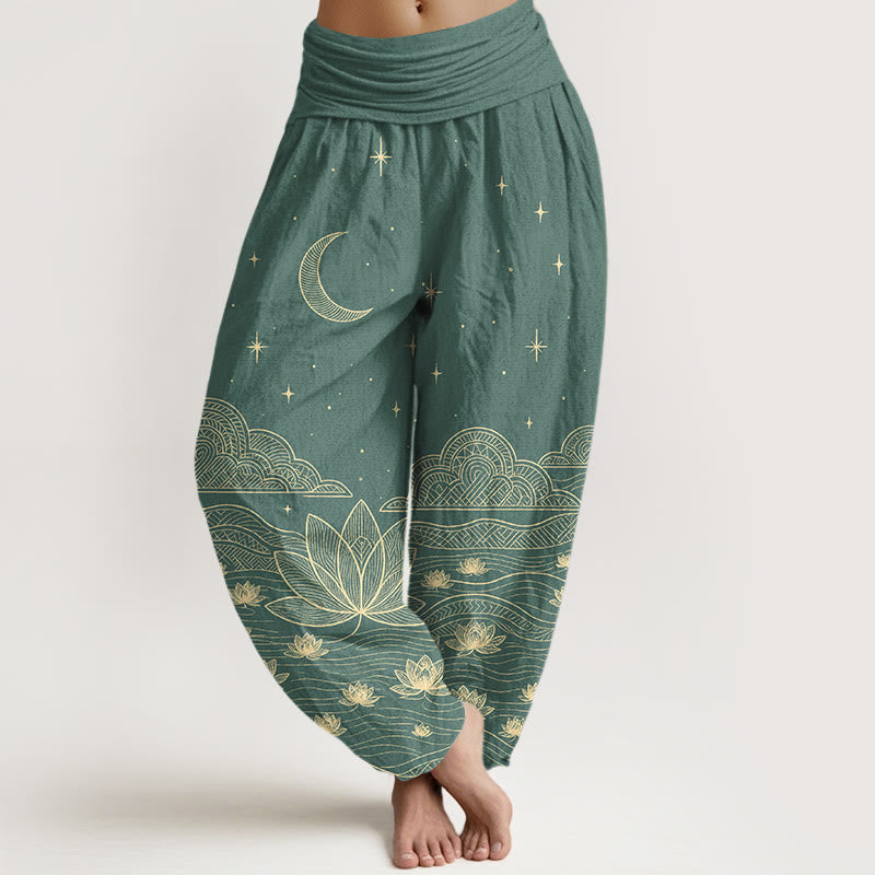 Buddha Stones Pantaloni harem da donna in puro cotone, eleganti, con motivo luna, stelle, nuvole, fiori di loto e onde d'acqua, con elastico in vita. - Verde Mare Chiaro - US16, UK/AU20, EU48 (3XL) - image 5