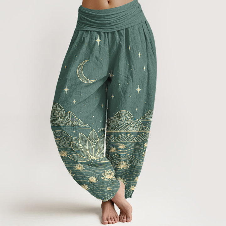Buddha Stones Pantaloni harem da donna in puro cotone, eleganti, con motivo luna, stelle, nuvole, fiori di loto e onde d'acqua, con elastico in vita. - Verde Mare Chiaro - US16, UK/AU20, EU48 (3XL) - image 5