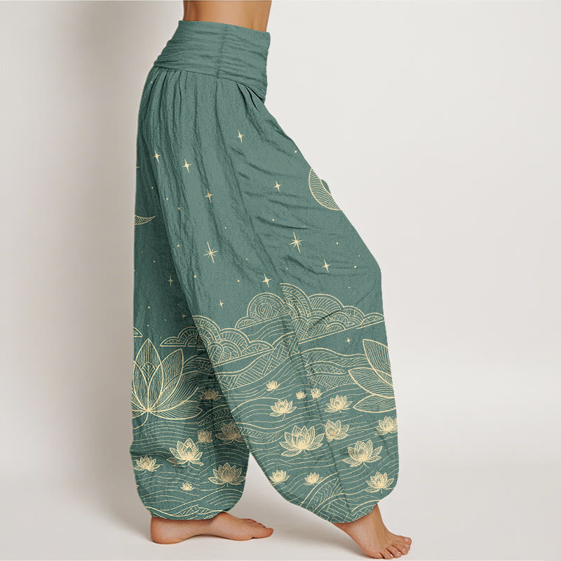 Buddha Stones Pantaloni harem da donna in puro cotone, eleganti, con motivo luna, stelle, nuvole, fiori di loto e onde d'acqua, con elastico in vita. - image 7
