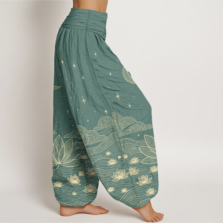 Buddha Stones Pantaloni harem da donna in puro cotone, eleganti, con motivo luna, stelle, nuvole, fiori di loto e onde d'acqua, con elastico in vita. - image 7