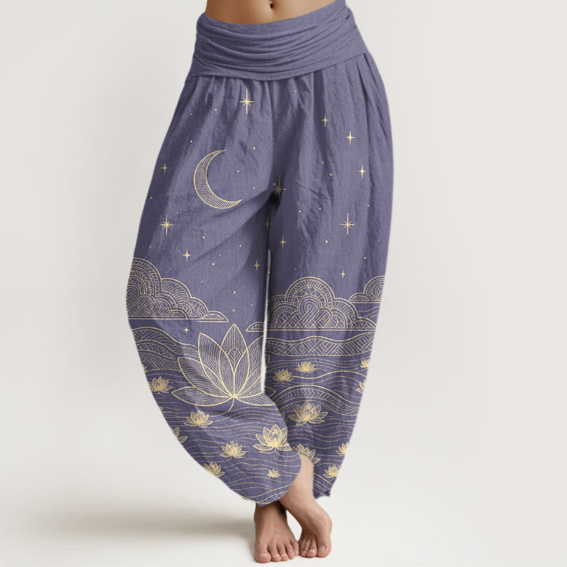 Buddha Stones Pantaloni harem da donna in puro cotone, eleganti, con motivo luna, stelle, nuvole, fiori di loto e onde d'acqua, con elastico in vita. - Viola medio - US16, UK/AU20, EU48 (3XL) - image 8