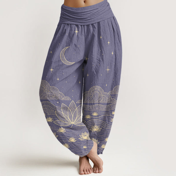 Buddha Stones Pantaloni harem da donna in puro cotone, eleganti, con motivo luna, stelle, nuvole, fiori di loto e onde d'acqua, con elastico in vita. - Viola medio - US16, UK/AU20, EU48 (3XL) - image 8