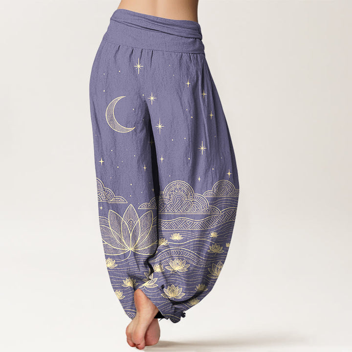 Buddha Stones Pantaloni harem da donna in puro cotone, eleganti, con motivo luna, stelle, nuvole, fiori di loto e onde d'acqua, con elastico in vita. - image 9