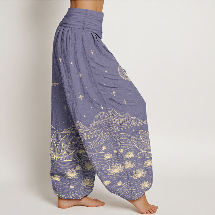 Buddha Stones Pantaloni harem da donna in puro cotone, eleganti, con motivo luna, stelle, nuvole, fiori di loto e onde d'acqua, con elastico in vita. - image 10