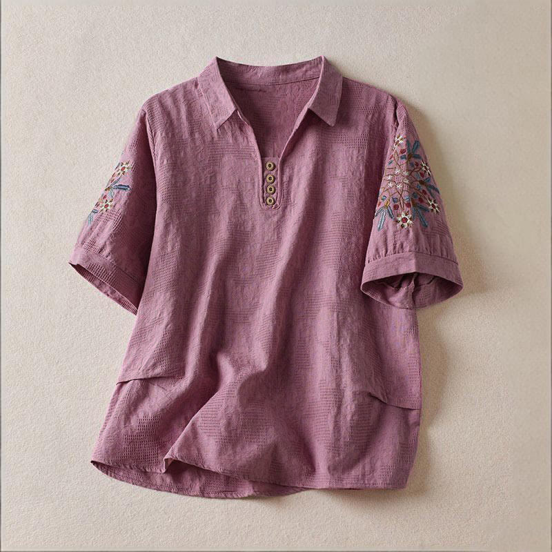 Buddha Stones T-shirt casual da donna in cotone con motivo floreale e risvolto - Orchidea media - US12, UK/AU16, EU44 (3XL) - image 0