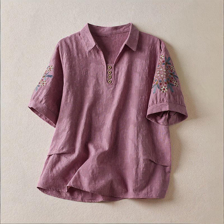 Buddha Stones T-shirt casual da donna in cotone con motivo floreale e risvolto - Orchidea media - US12, UK/AU16, EU44 (3XL) - image 0