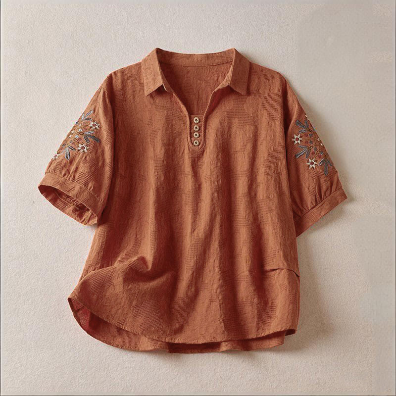 Buddha Stones T-shirt casual da donna in cotone con motivo floreale e risvolto - Cioccolato - US12, UK/AU16, EU44 (3XL) - image 15