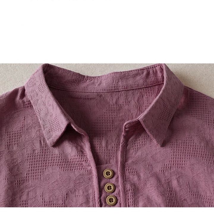 T-shirt da donna a maniche corte con colletto e motivo floreale casual Buddha Stones. - image 7