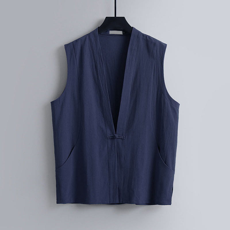 Buddha Stones Gilet estivo da uomo in cotone e lino, senza maniche, con scollo a V e bottoni a rana, tinta unita - Marina - US/UK/AU54, EU64 (9XL) - image 0
