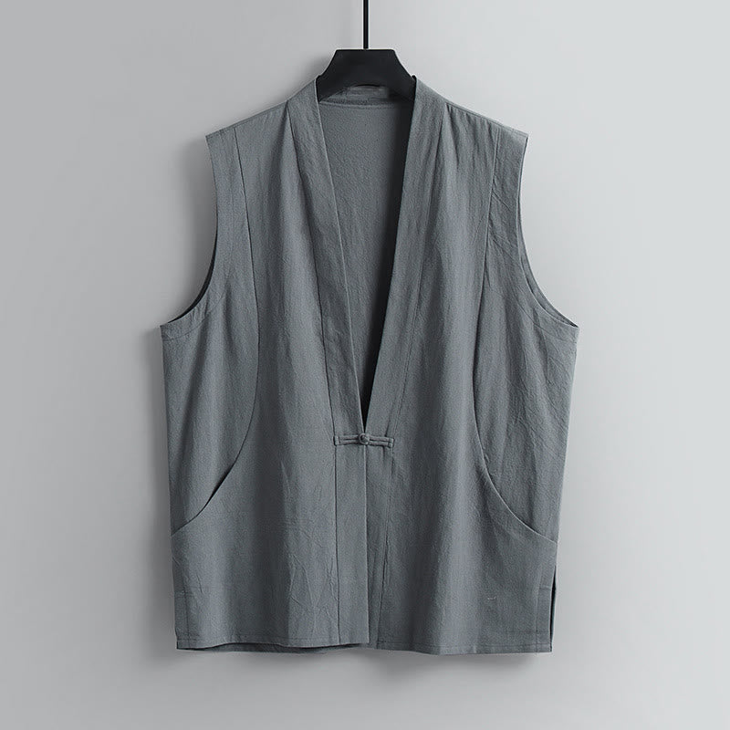 Buddha Stones Gilet estivo da uomo in cotone e lino, senza maniche, con scollo a V e bottoni a rana, tinta unita - Grigio - US/UK/AU54, EU64 (9XL) - image 1