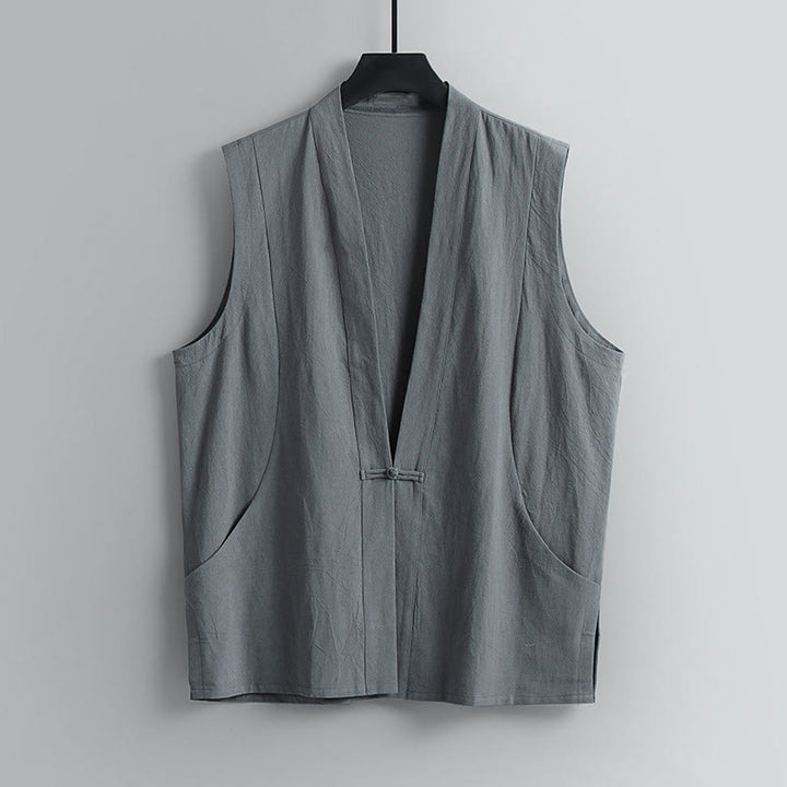 Buddha Stones Gilet estivo da uomo in cotone e lino, senza maniche, con scollo a V e bottoni a rana, tinta unita - Grigio - US/UK/AU54, EU64 (9XL) - image 1