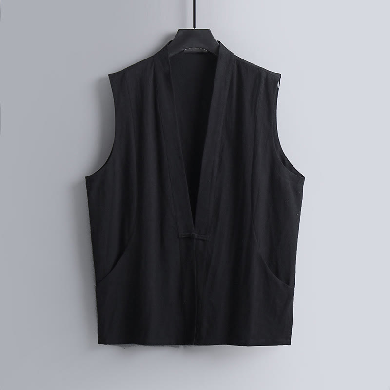 Buddha Stones Gilet estivo da uomo in cotone e lino, senza maniche, con scollo a V e bottoni a rana, tinta unita - Nero - US/UK/AU54, EU64 (9XL) - image 9