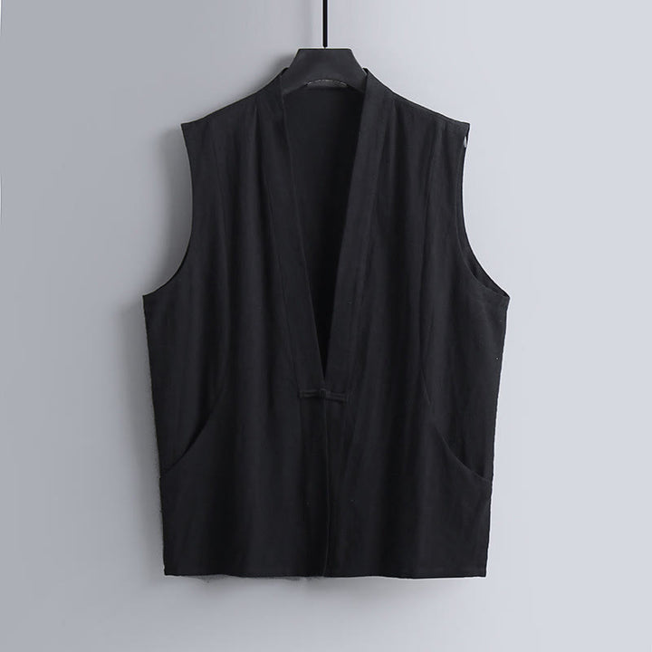 Buddha Stones Gilet estivo da uomo in cotone e lino, senza maniche, con scollo a V e bottoni a rana, tinta unita - Nero - US/UK/AU54, EU64 (9XL) - image 9