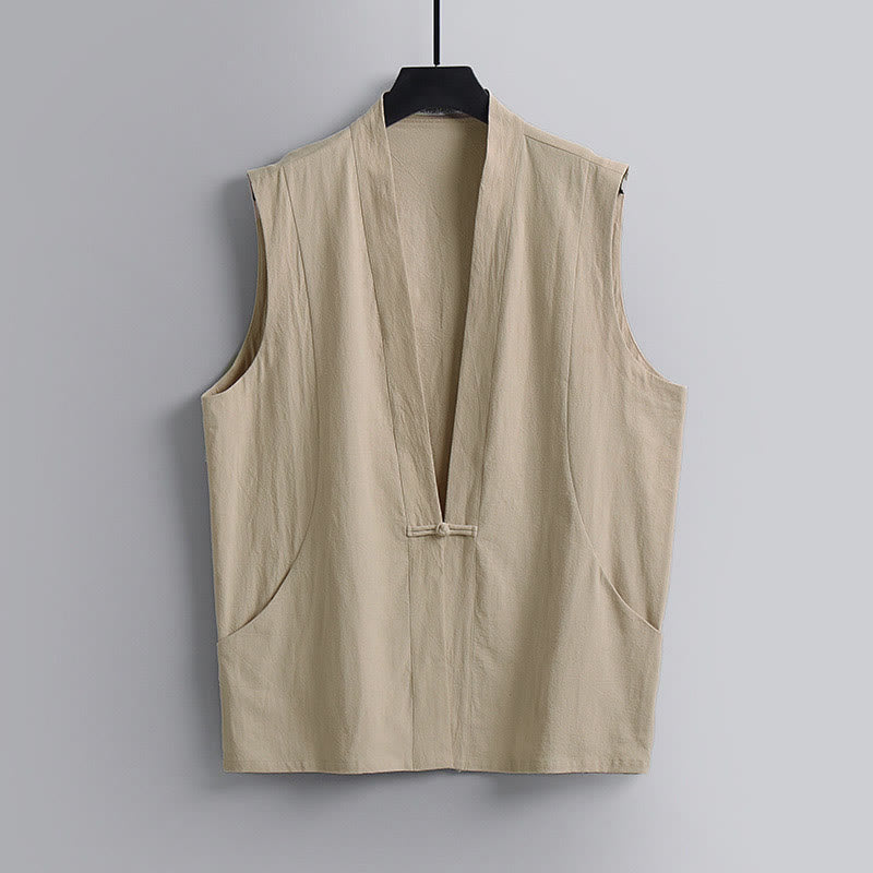Buddha Stones Gilet estivo da uomo in cotone e lino, senza maniche, con scollo a V e bottoni a rana, tinta unita - Grano - US/UK/AU54, EU64 (9XL) - image 10