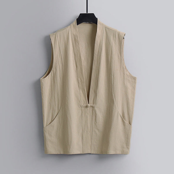 Buddha Stones Gilet estivo da uomo in cotone e lino, senza maniche, con scollo a V e bottoni a rana, tinta unita - Grano - US/UK/AU54, EU64 (9XL) - image 10