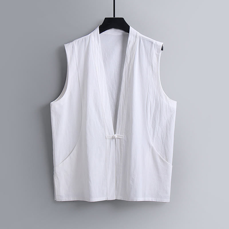 Buddha Stones Gilet estivo da uomo in cotone e lino, senza maniche, con scollo a V e bottoni a rana, tinta unita - Bianco - US/UK/AU54, EU64 (9XL) - image 11