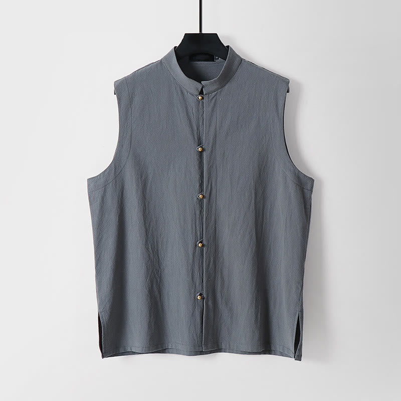 Buddha Stones Gilet senza maniche in cotone e lino da uomo con colletto rialzato, tinta unita, estivo - Grigio - US/UK/AU54, EU64 (9XL) - image 0