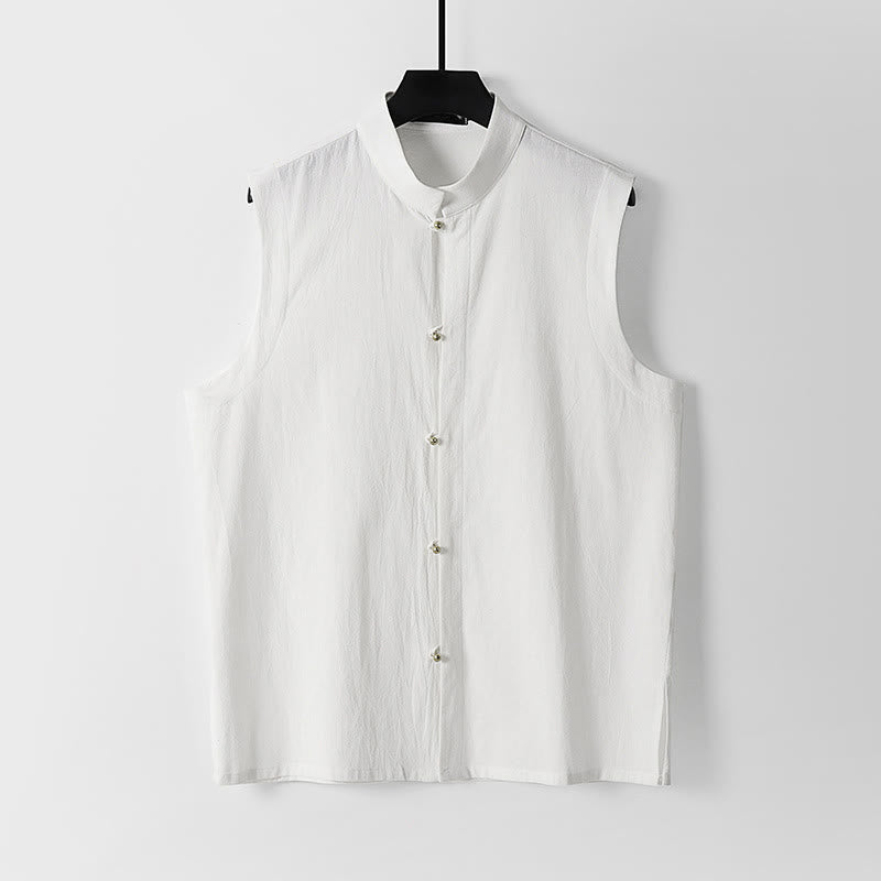 Buddha Stones Gilet senza maniche in cotone e lino da uomo con colletto rialzato, tinta unita, estivo - Bianco - US/UK/AU54, EU64 (9XL) - image 2